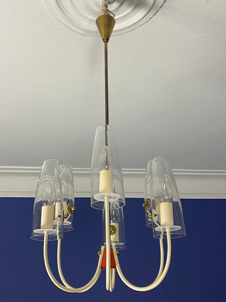 1950s Stilnovo White and Red Lacquered Midcentury Chandelier by Cosack For Sale 4