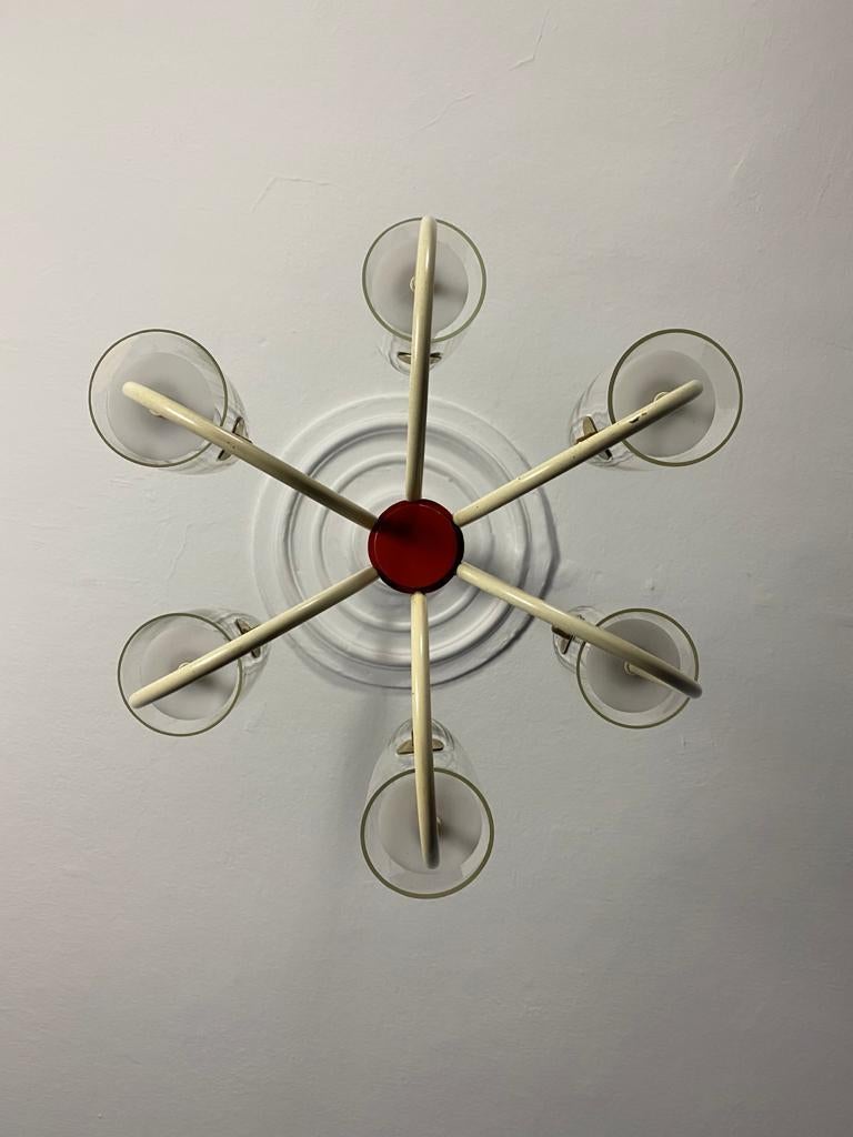 Mid-Century Modern 1950s Stilnovo White and Red Lacquered Midcentury Chandelier by Cosack For Sale