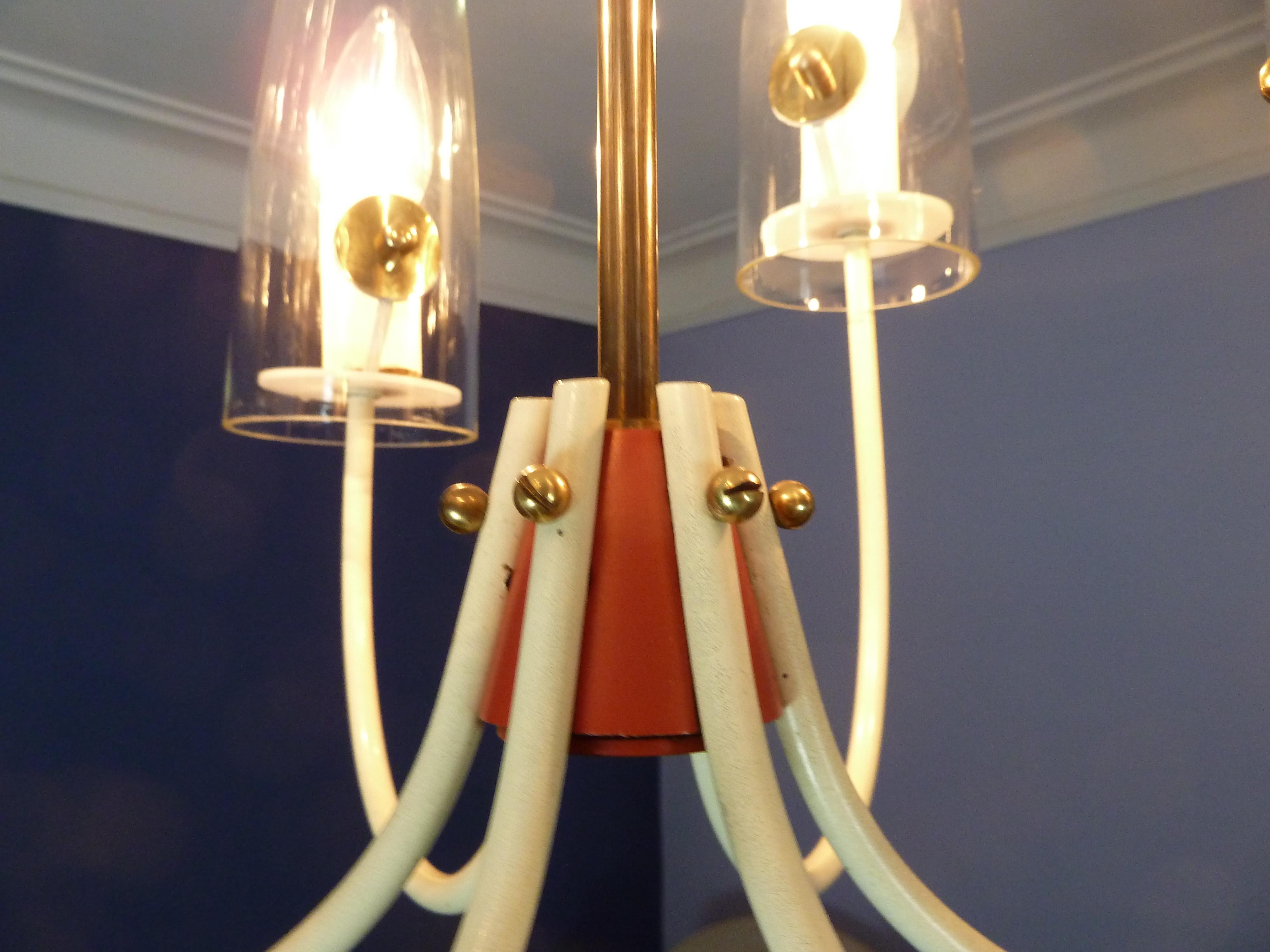Hand-Crafted 1950s Stilnovo White and Red Lacquered Midcentury Chandelier by Cosack For Sale
