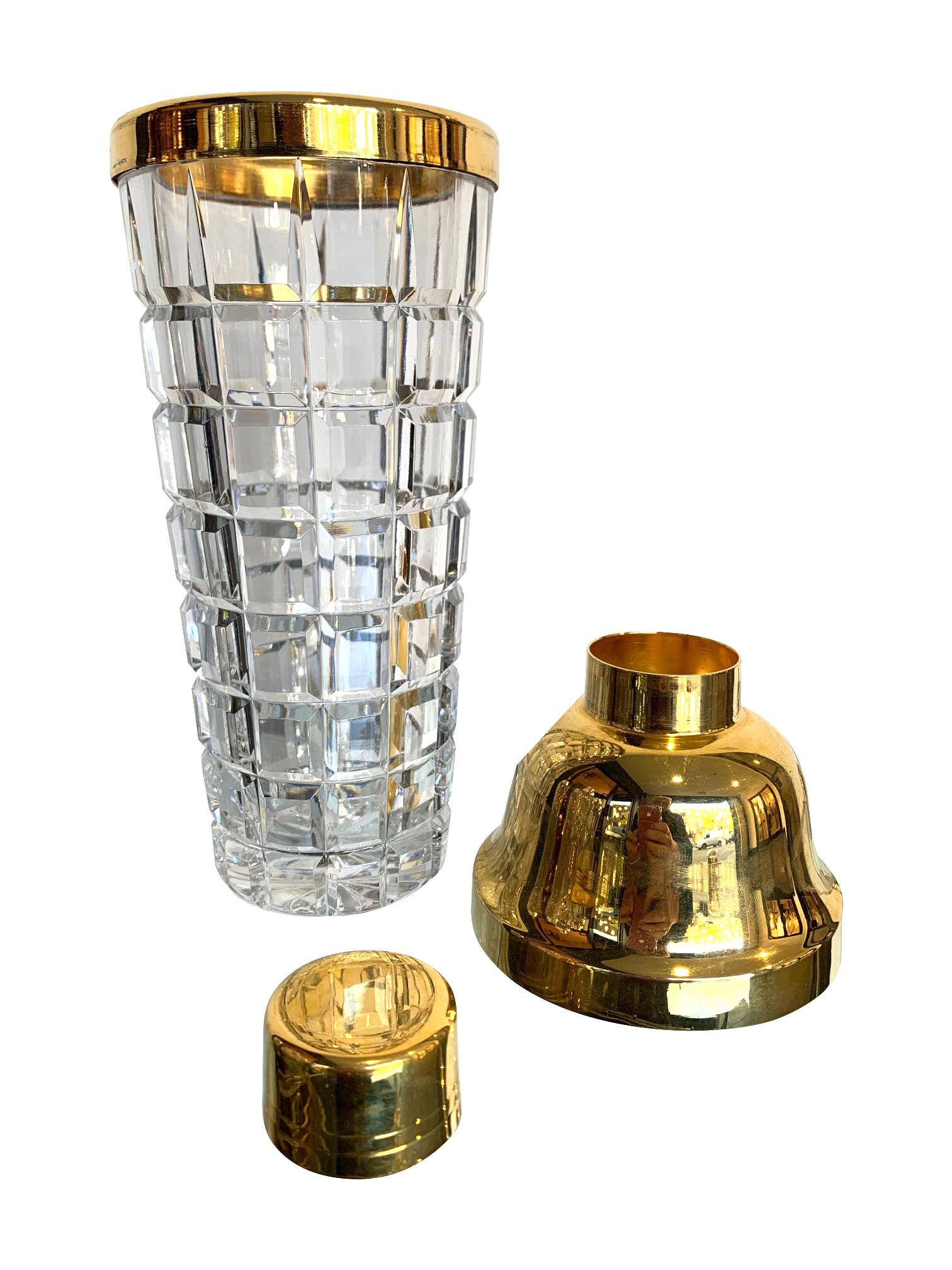 Gold Plate 1950s Val St Lambert Crystal and Gold-Plated Cocktail Shaker and Ice Bucket