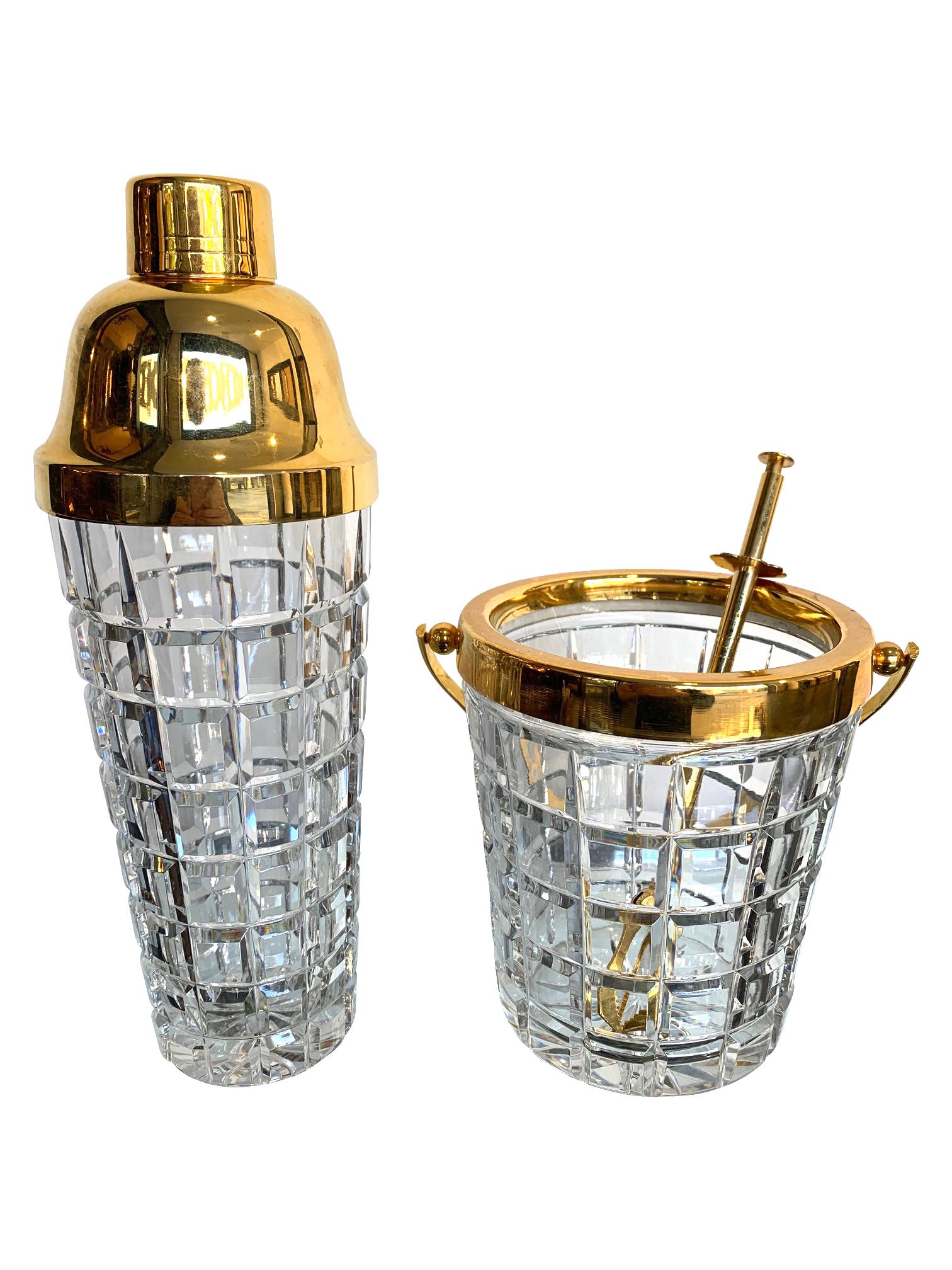 1950s Val St Lambert Crystal and Gold-Plated Cocktail Shaker and Ice Bucket 4
