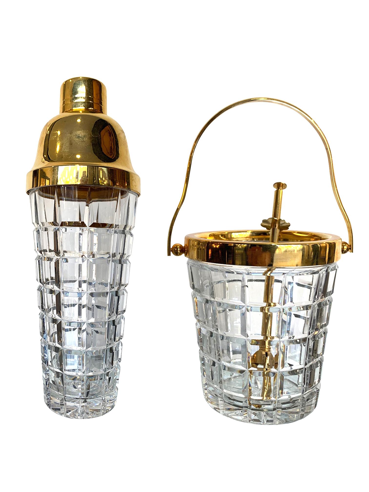 Belgian 1950s Val St Lambert Crystal and Gold-Plated Cocktail Shaker and Ice Bucket