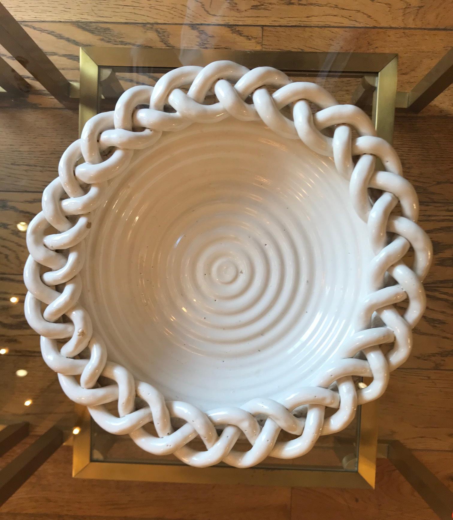 French 1950s White Braided Ceramic Bowl, Vallauris, France