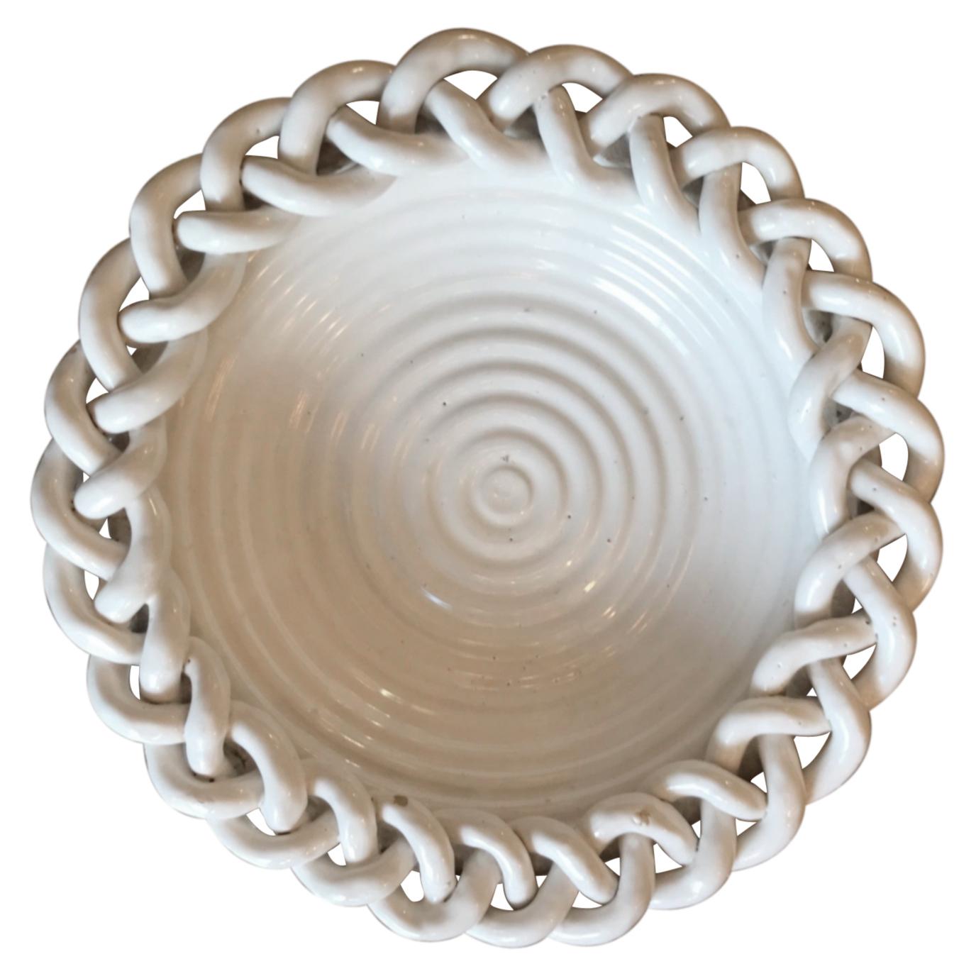 1950s White Braided Ceramic Bowl, Vallauris, France