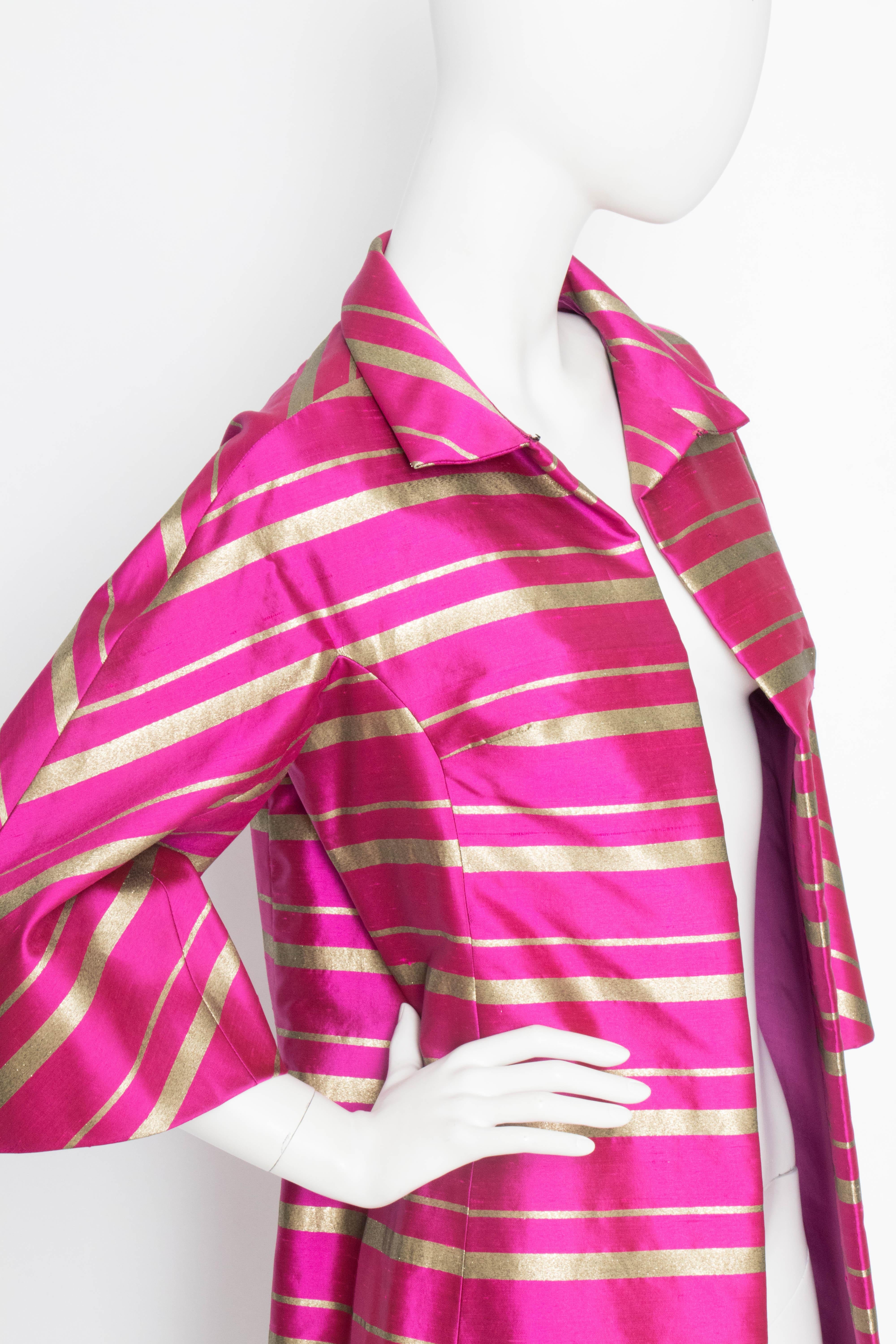 Women's or Men's A 1960 Vintage Jean Voigt Pink Silk and Gold Lurex Opera Coat For Sale