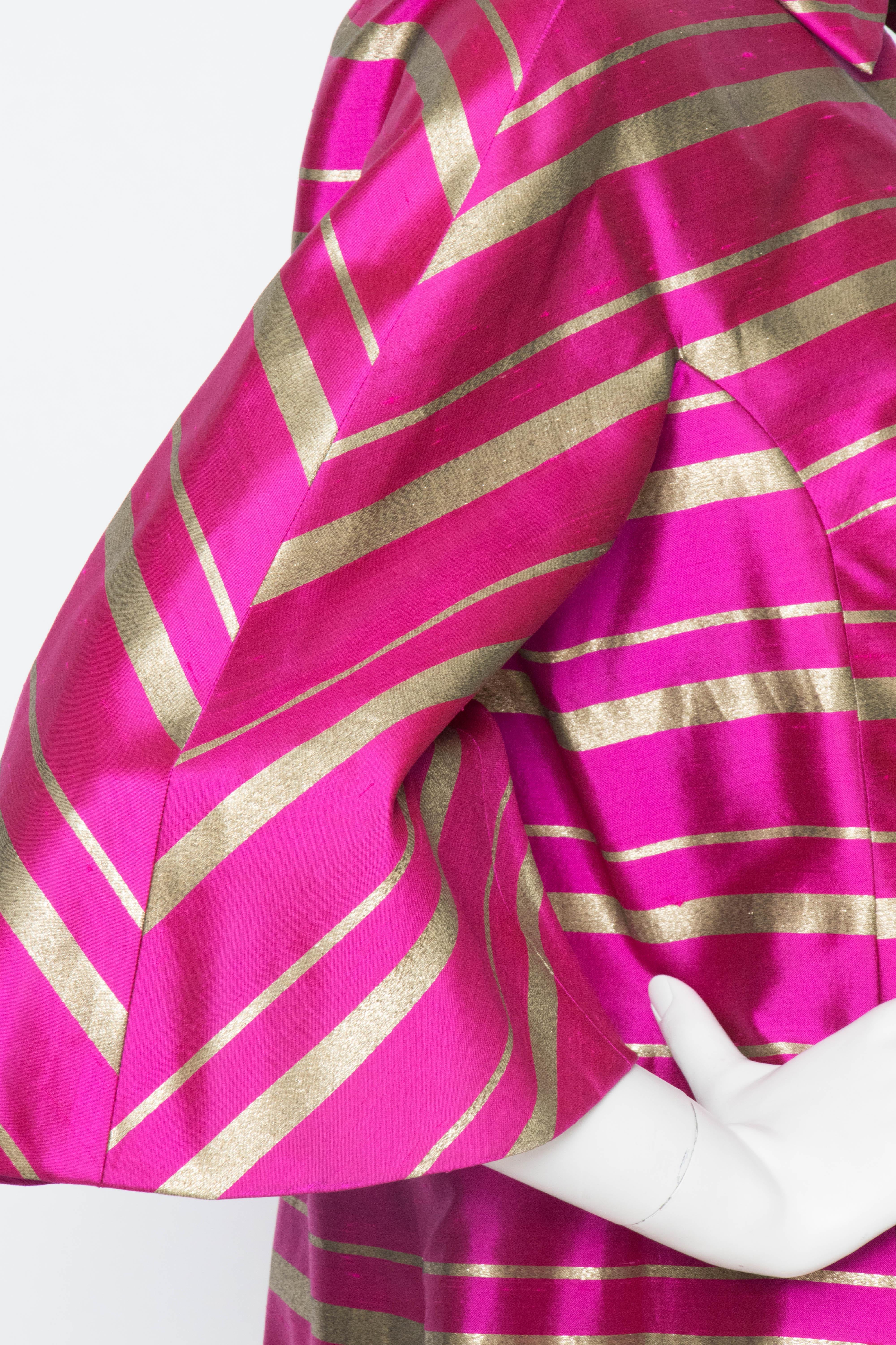 A 1960 Vintage Jean Voigt Pink Silk and Gold Lurex Opera Coat For Sale 1