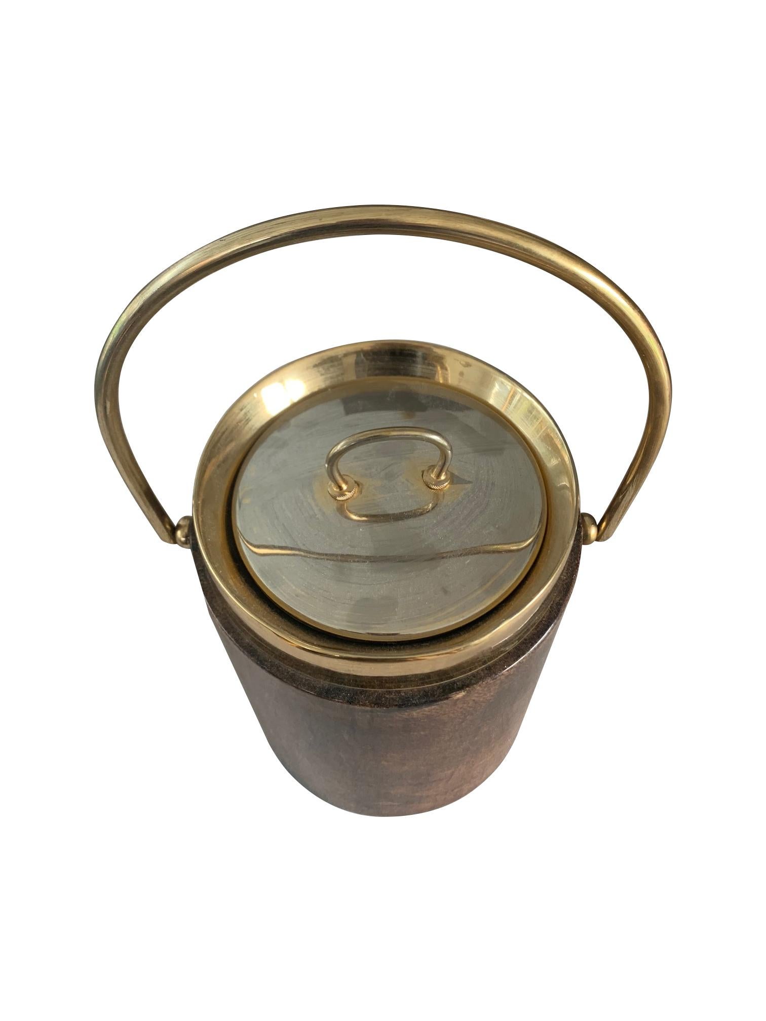 Mid-Century Modern 1960s Aldo Turo Lacquered Goatskin Ice Bucket with Gilt Metal Handle and Top