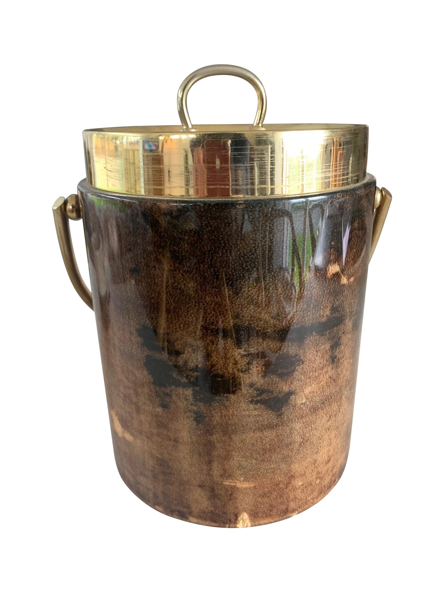 Mid-20th Century 1960s Aldo Turo Lacquered Goatskin Ice Bucket with Gilt Metal Handle and Top