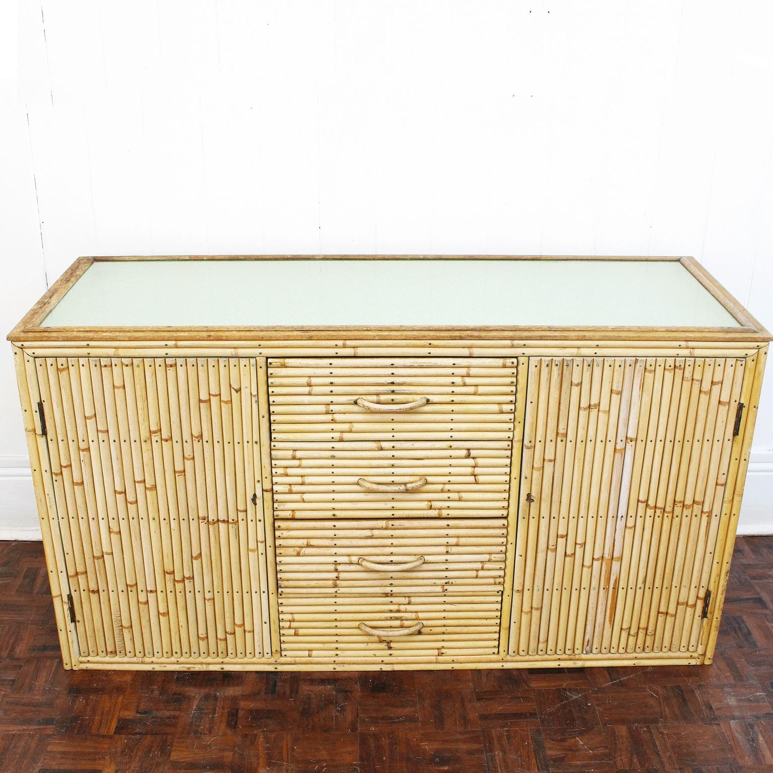 Mid-Century Modern 1960s Bamboo and Glass Sideboard in the Style of Gabriella Crespi