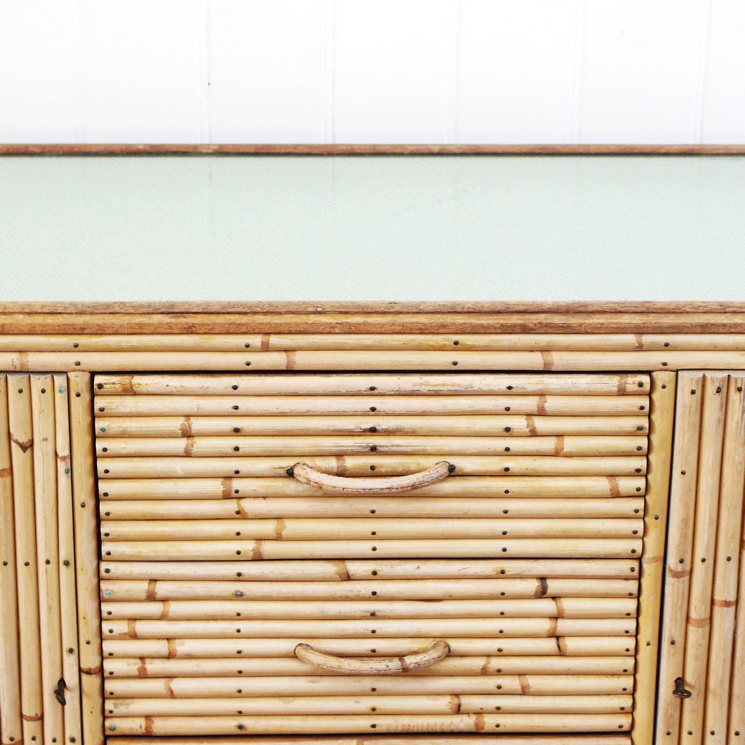 English 1960s Bamboo and Glass Sideboard in the Style of Gabriella Crespi