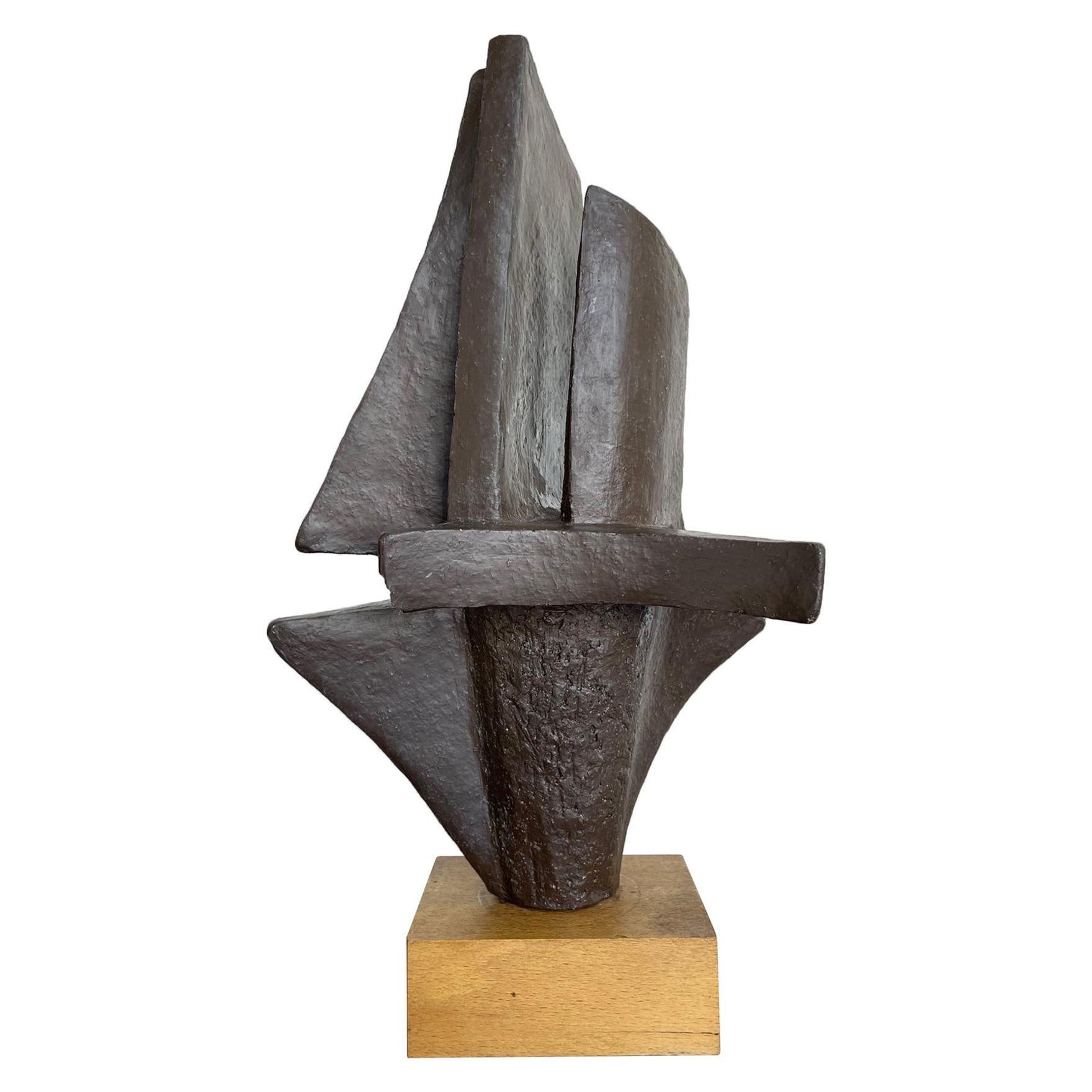 1960s Belgian Ceramic Abstract Sculpture with Bronze Textured Style Finish