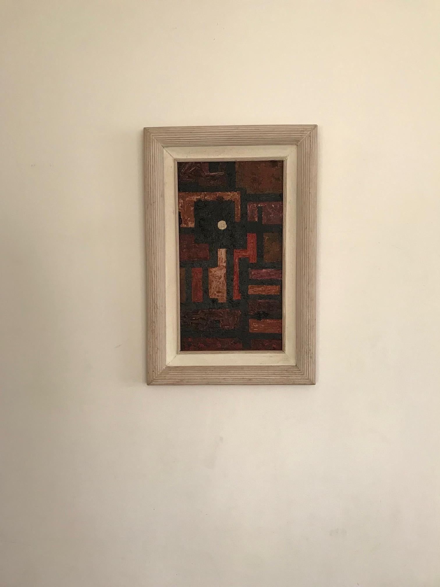 A British 1960s small abstract painting. Thick oil impasto on board in original frame. Signed verso Gordon Faulkner. Dated 1964 and titled Square & Spot. Good piece of 1960s abstract art.