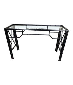 1960s Faux Bamboo Black Lacquered Console Table with Glass Shelf