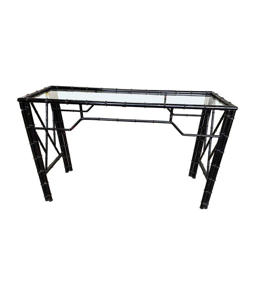 20th Century 1960s Faux Bamboo Black Lacquered Console Table with Glass Shelf For Sale