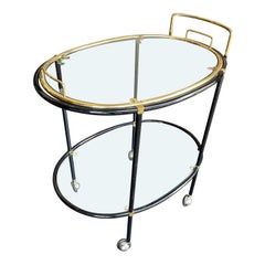 Retro 1960s French Black Lacquer and Brass Oval Bar Trolley with Removable Tray Top