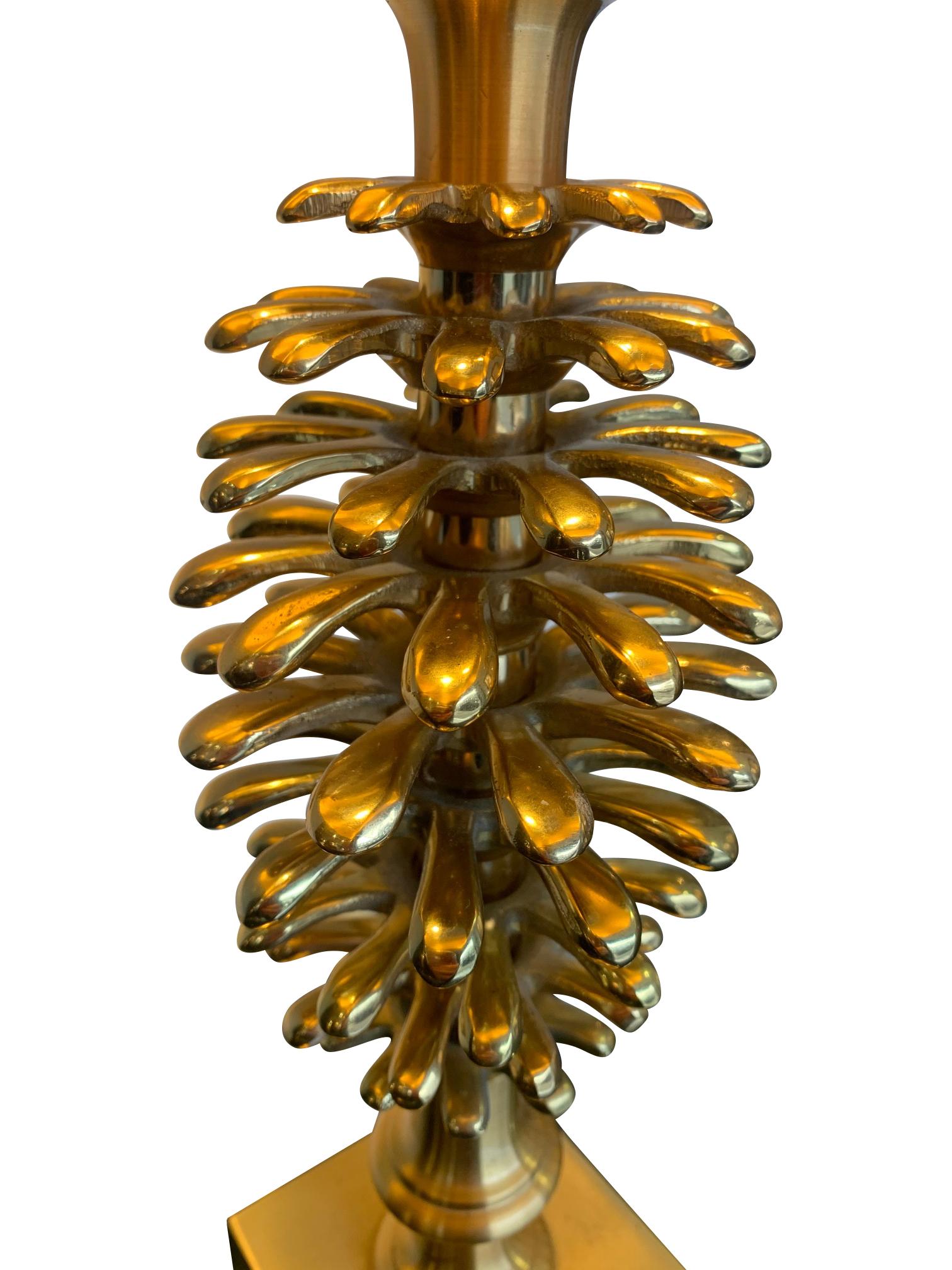 1960s French Maison Charles Style Brass Pinecone Lamps with Orignal Shade For Sale 5