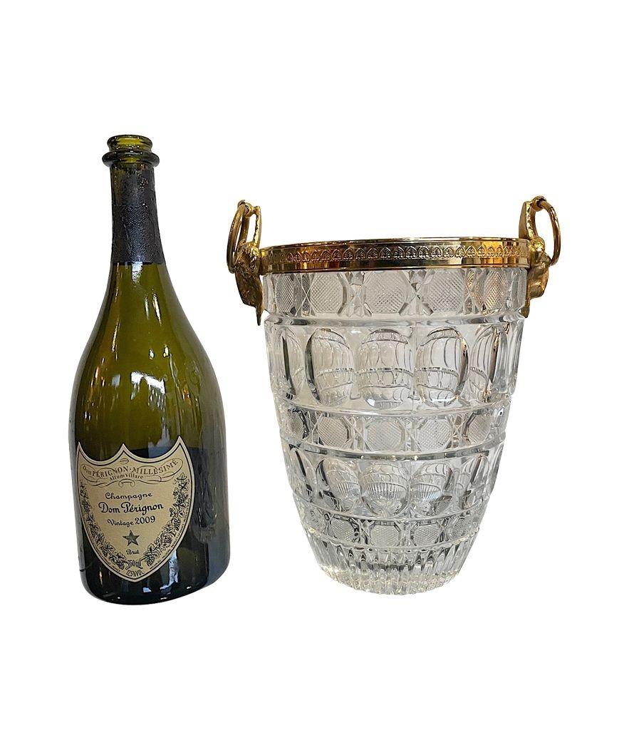 1960s Glass and Gilt Metal Champagne Bucket with Ram Head Handles 7