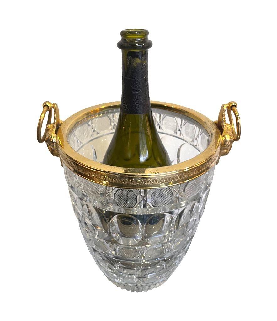 French 1960s Glass and Gilt Metal Champagne Bucket with Ram Head Handles