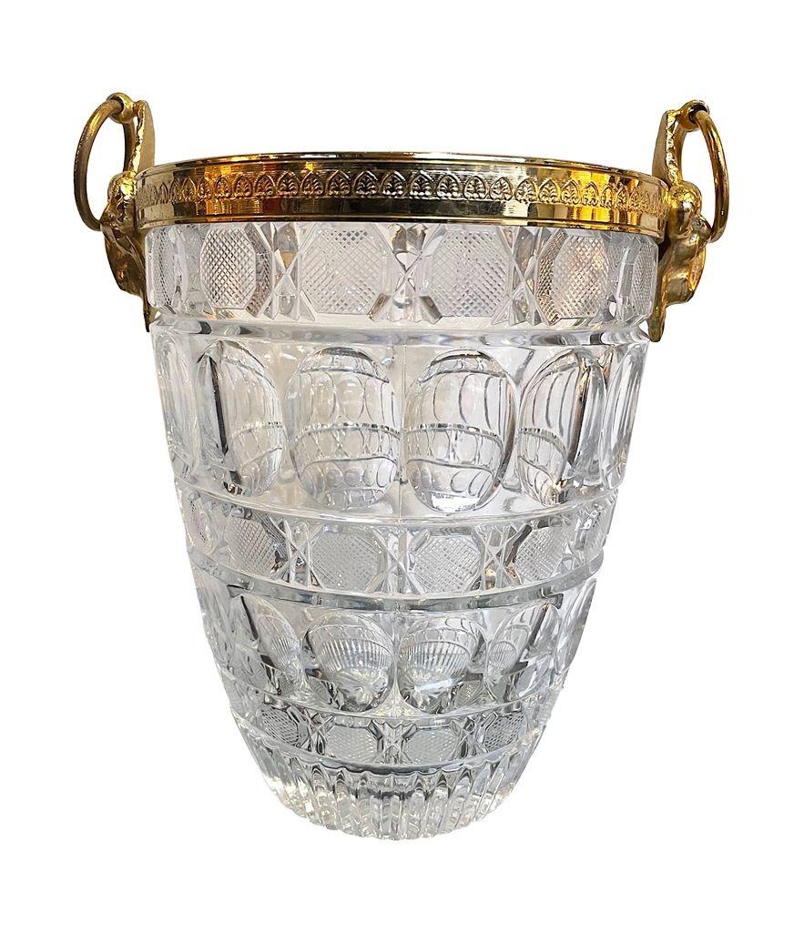 1960s Glass and Gilt Metal Champagne Bucket with Ram Head Handles In Good Condition In London, GB