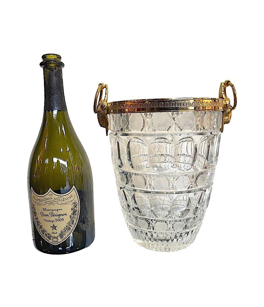 Mid-20th Century 1960s Glass and Gilt Metal Champagne Bucket with Ram Head Handles