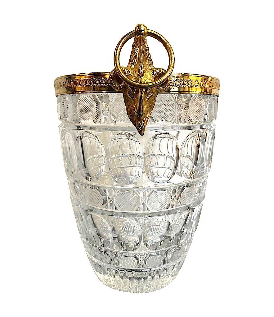 1960s Glass and Gilt Metal Champagne Bucket with Ram Head Handles 3