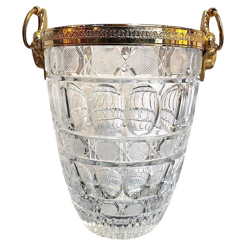 1960s Glass and Gilt Metal Champagne Bucket with Ram Head Handles