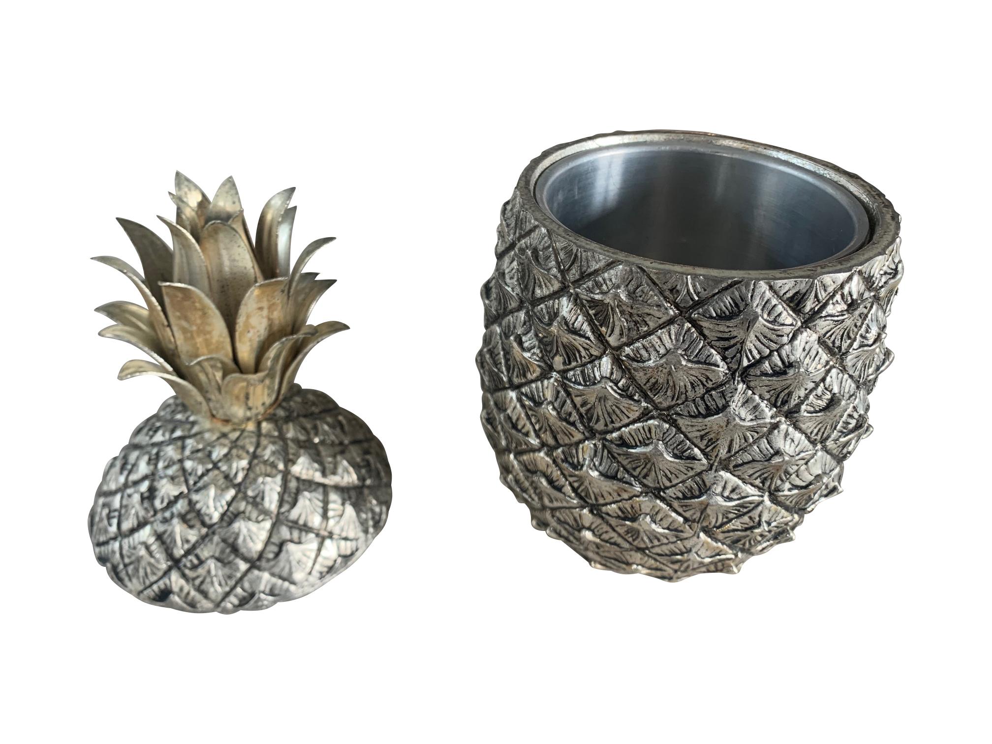 Cast 1960s Italian Metal Pineapple Ice Bucket by Mauro Manetti with Gilt Leaves