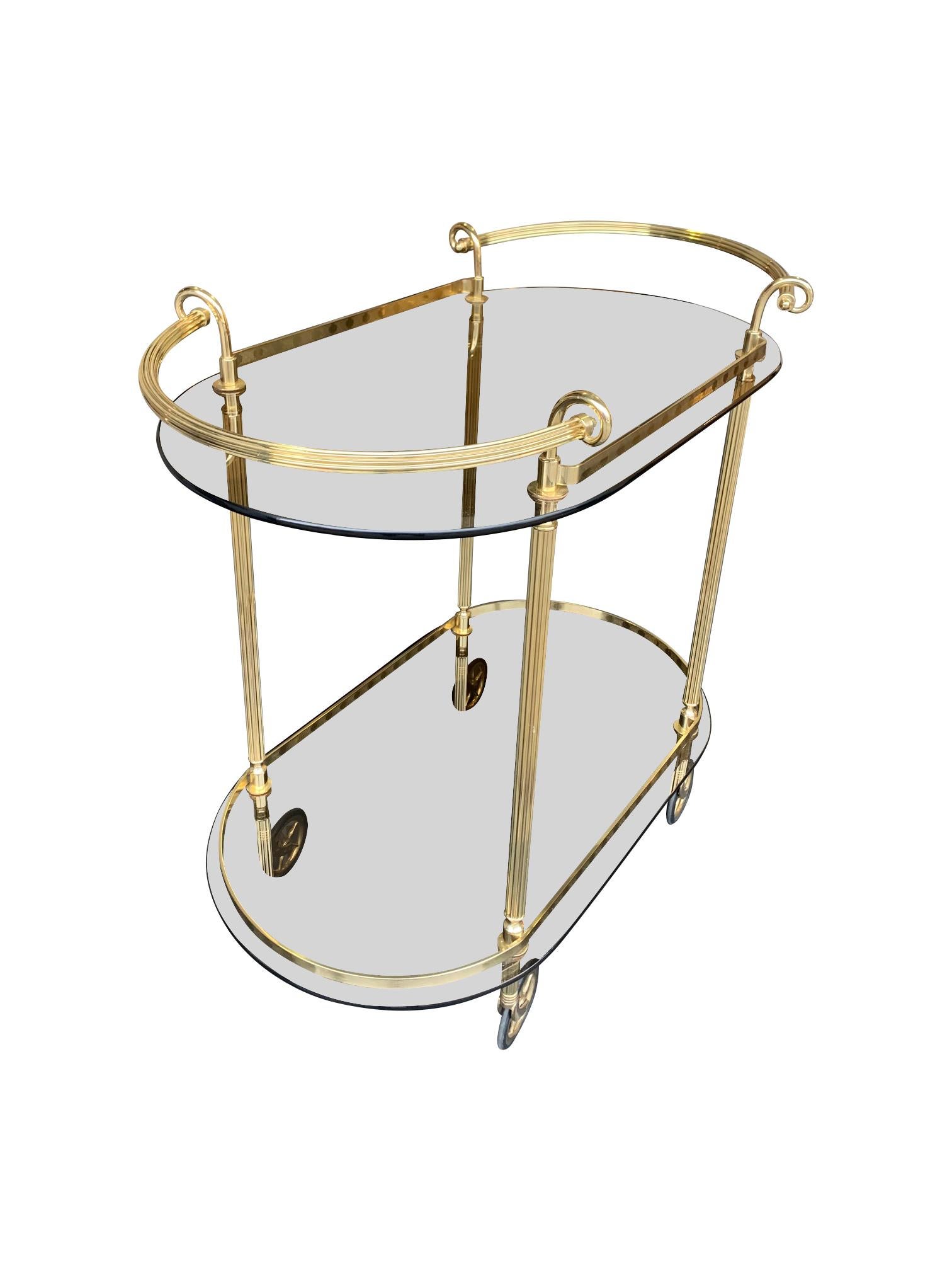 1960s Italian Midcentury Bar Cart with Smoked Glass Shelves and Brass Handles In Good Condition In London, GB