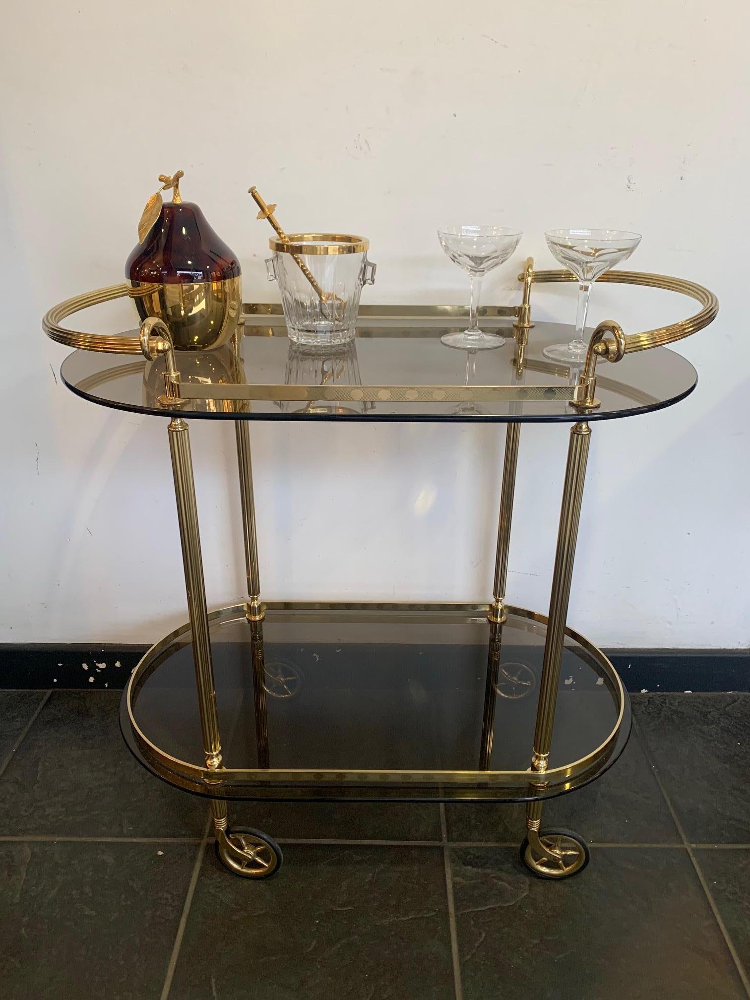 1960s Italian Midcentury Bar Cart with Smoked Glass Shelves and Brass Handles 1