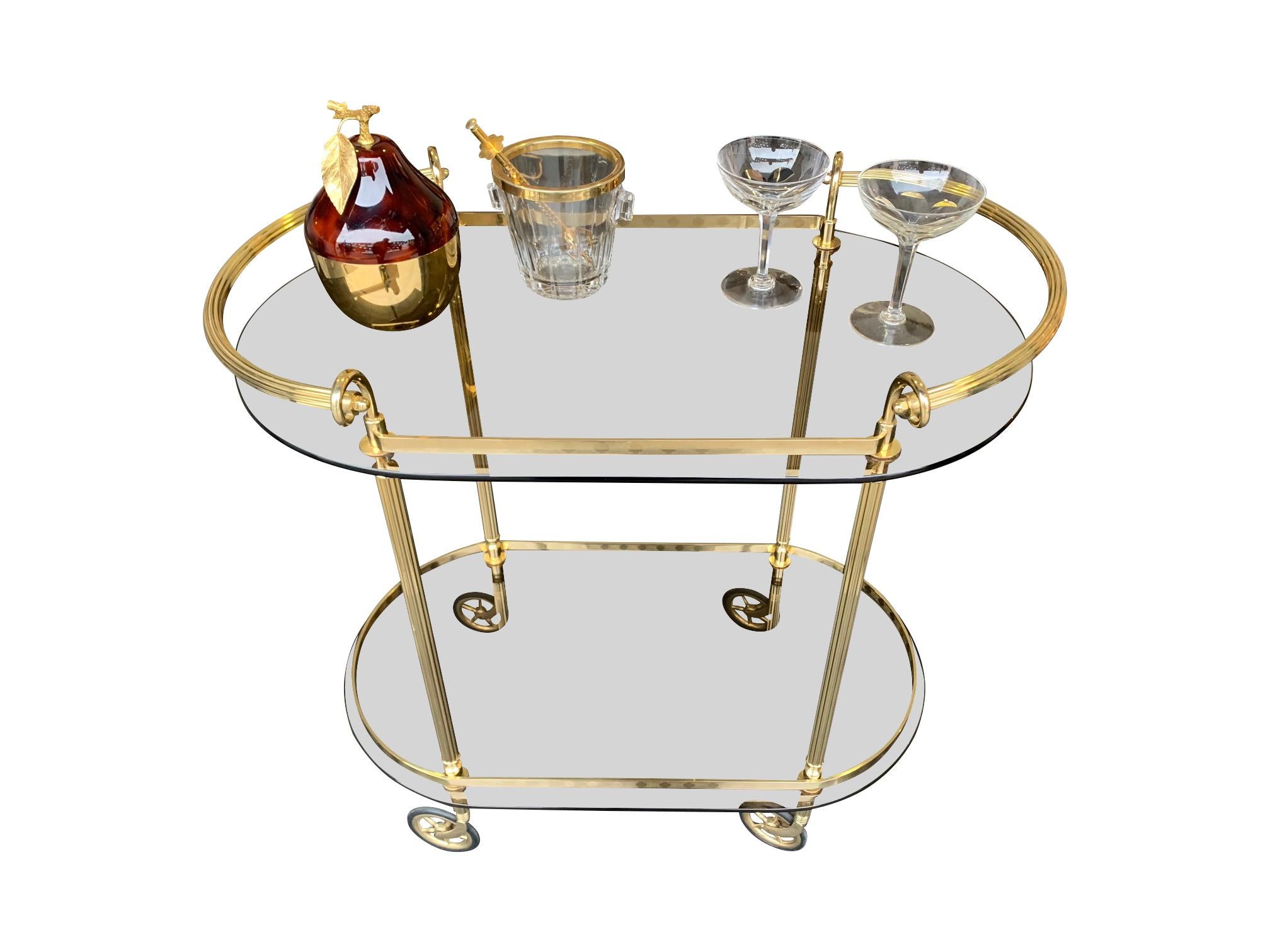1960s Italian Midcentury Bar Cart with Smoked Glass Shelves and Brass Handles 3