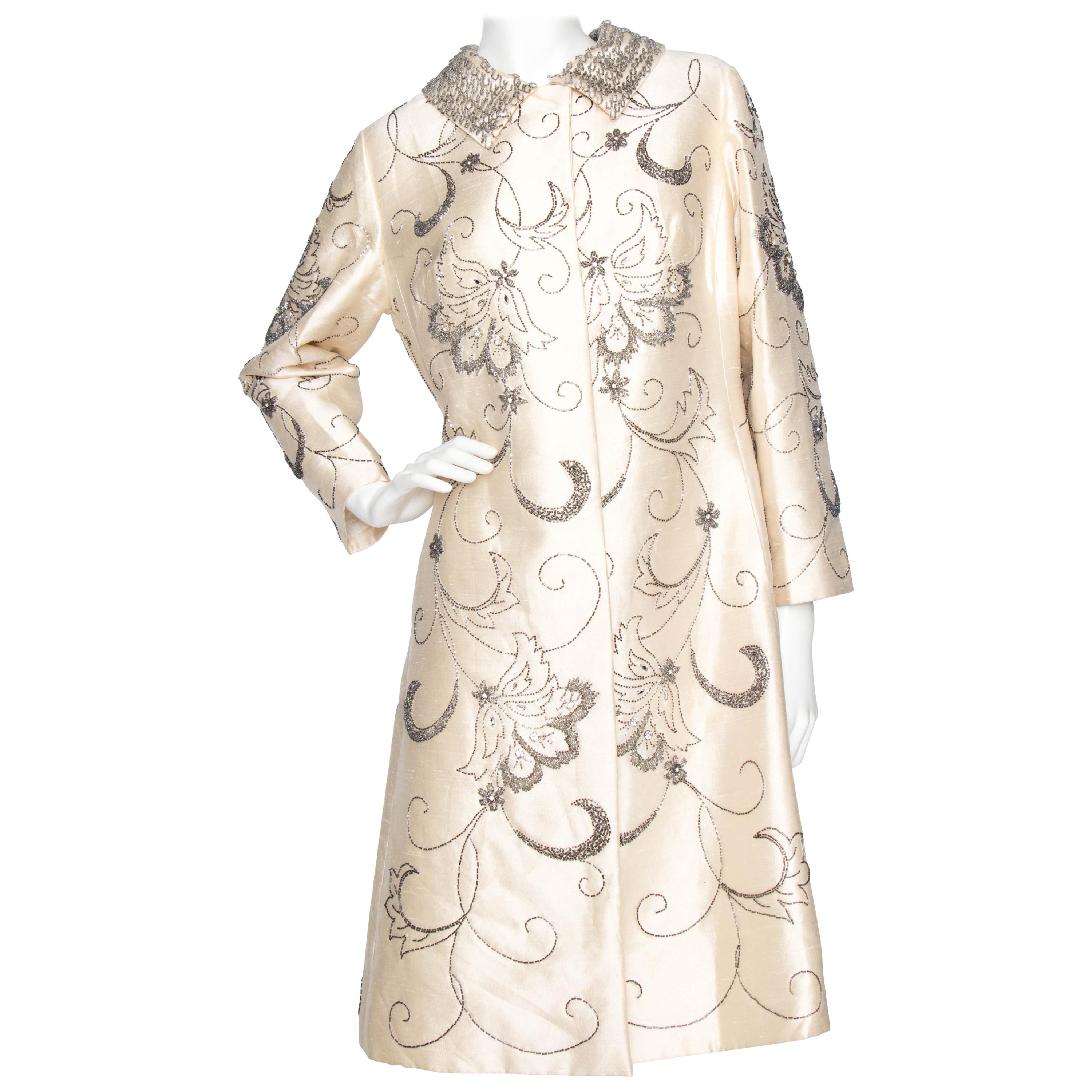 A 1960s Ivory Silk Couture Coat With Beads and Embellishment
