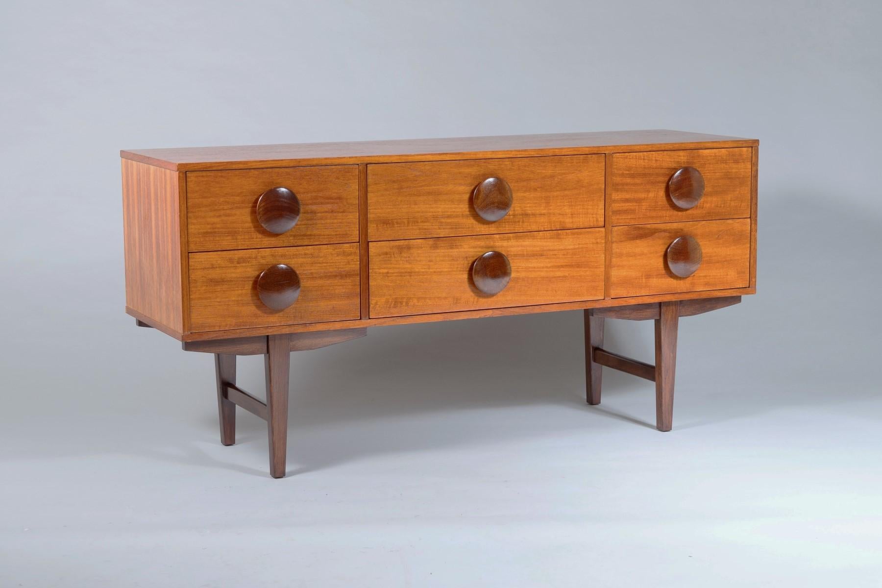 Mid-Century Modern A 1960s Mid Century Button Handled Teak Sideboard  6 drawer Credenza For Sale
