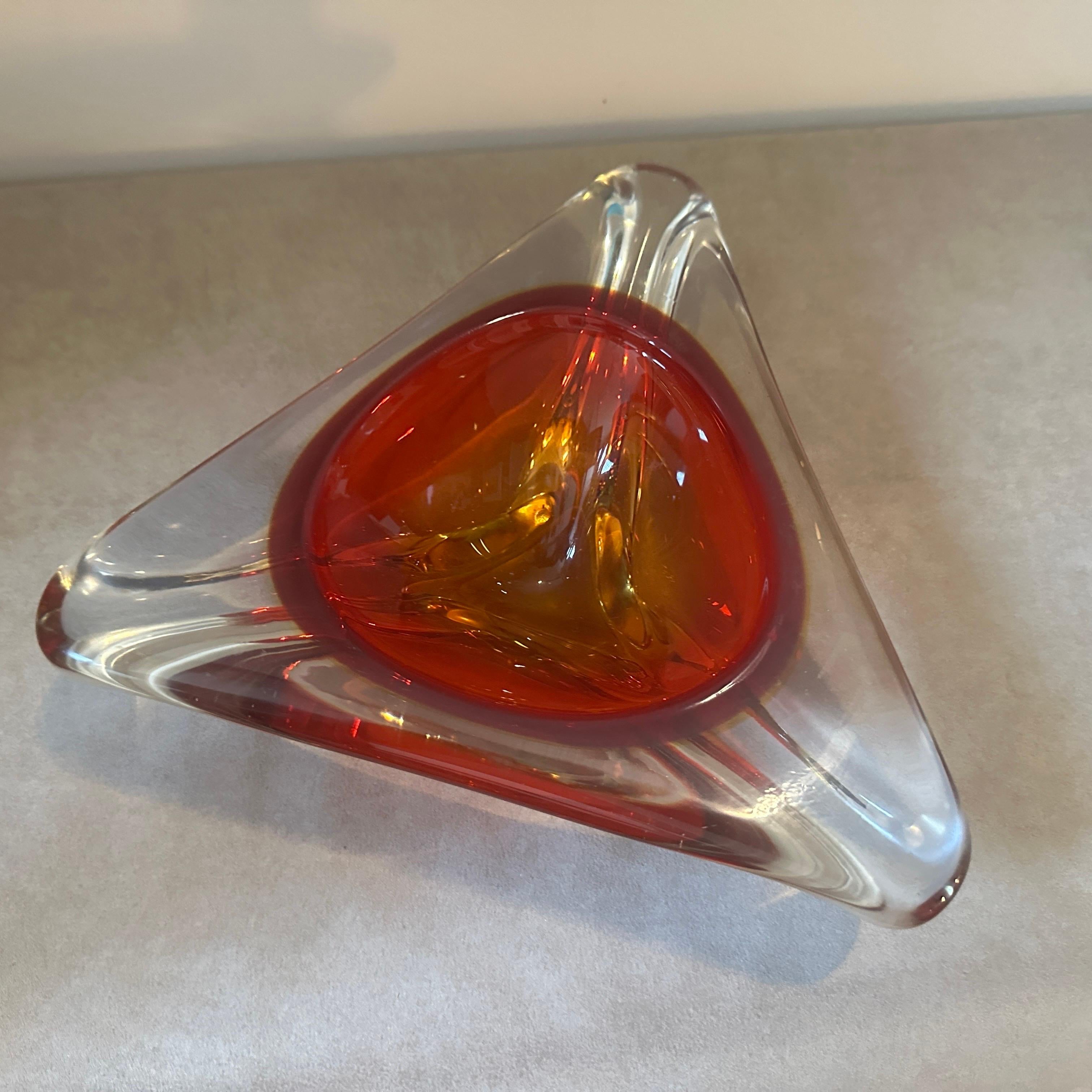 Hand-Crafted A 1960s Modernist Red Sommerso Murano Glass Large Triangular Ashtray by Seguso For Sale