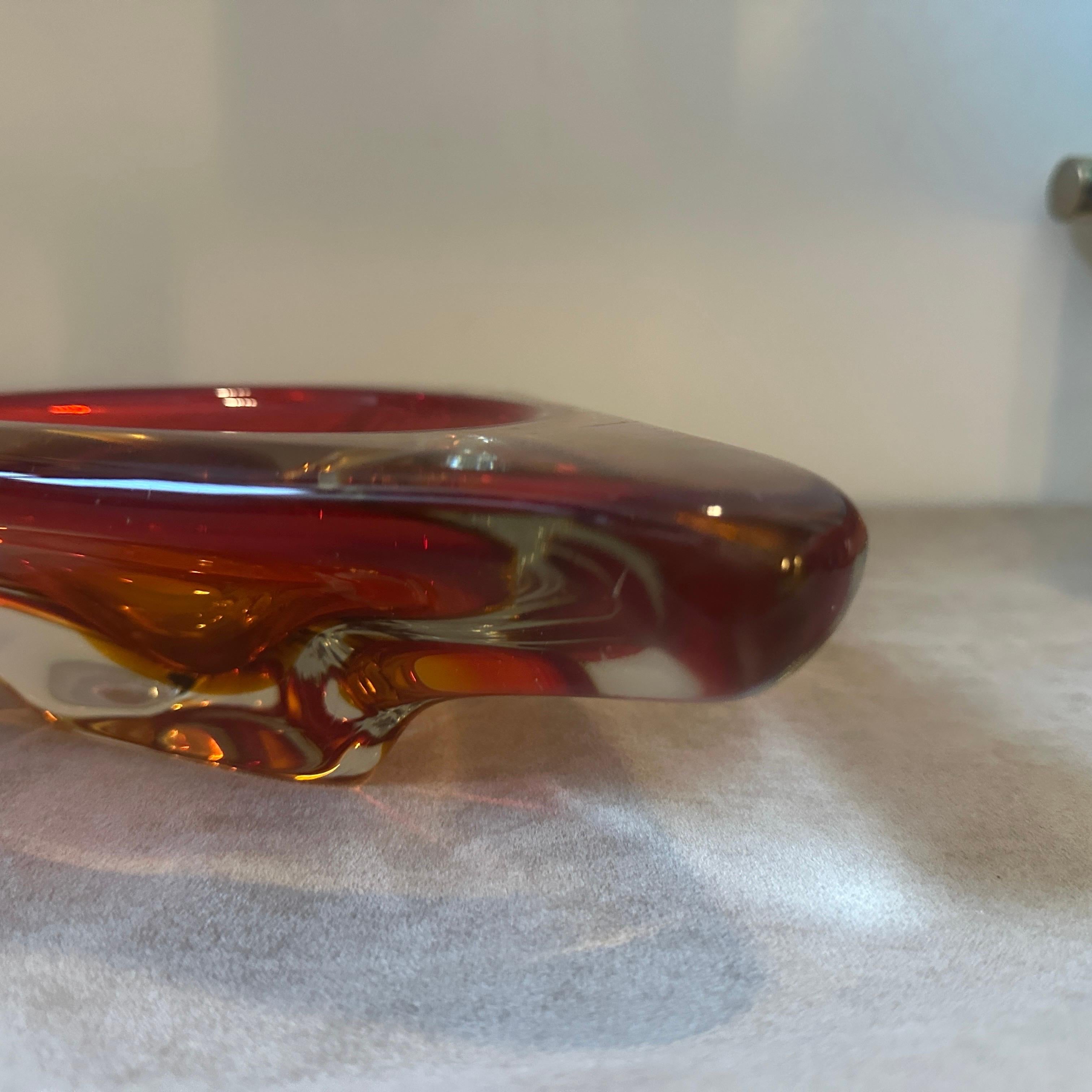 A 1960s Modernist Red Sommerso Murano Glass Large Triangular Ashtray by Seguso For Sale 1