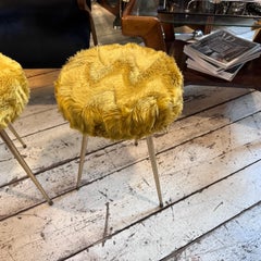 A 1960s Set of Two Mid-Century Modern Brass and Yellow Fabric Italian Low Stools