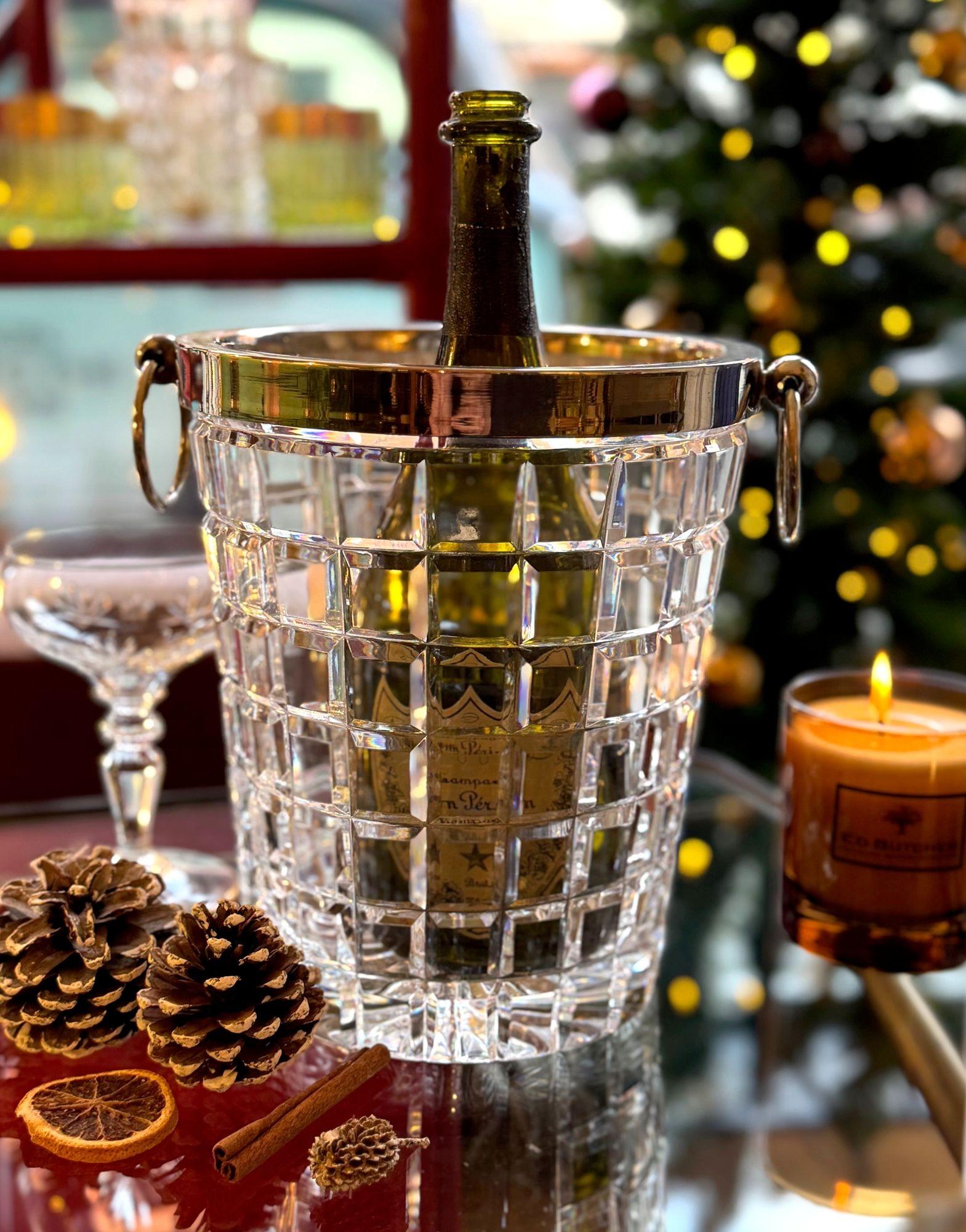 Val Saint Lambert, 1960er Jahre, Kristall und versilberter Champagnerkübel im Zustand „Gut“ im Angebot in London, GB