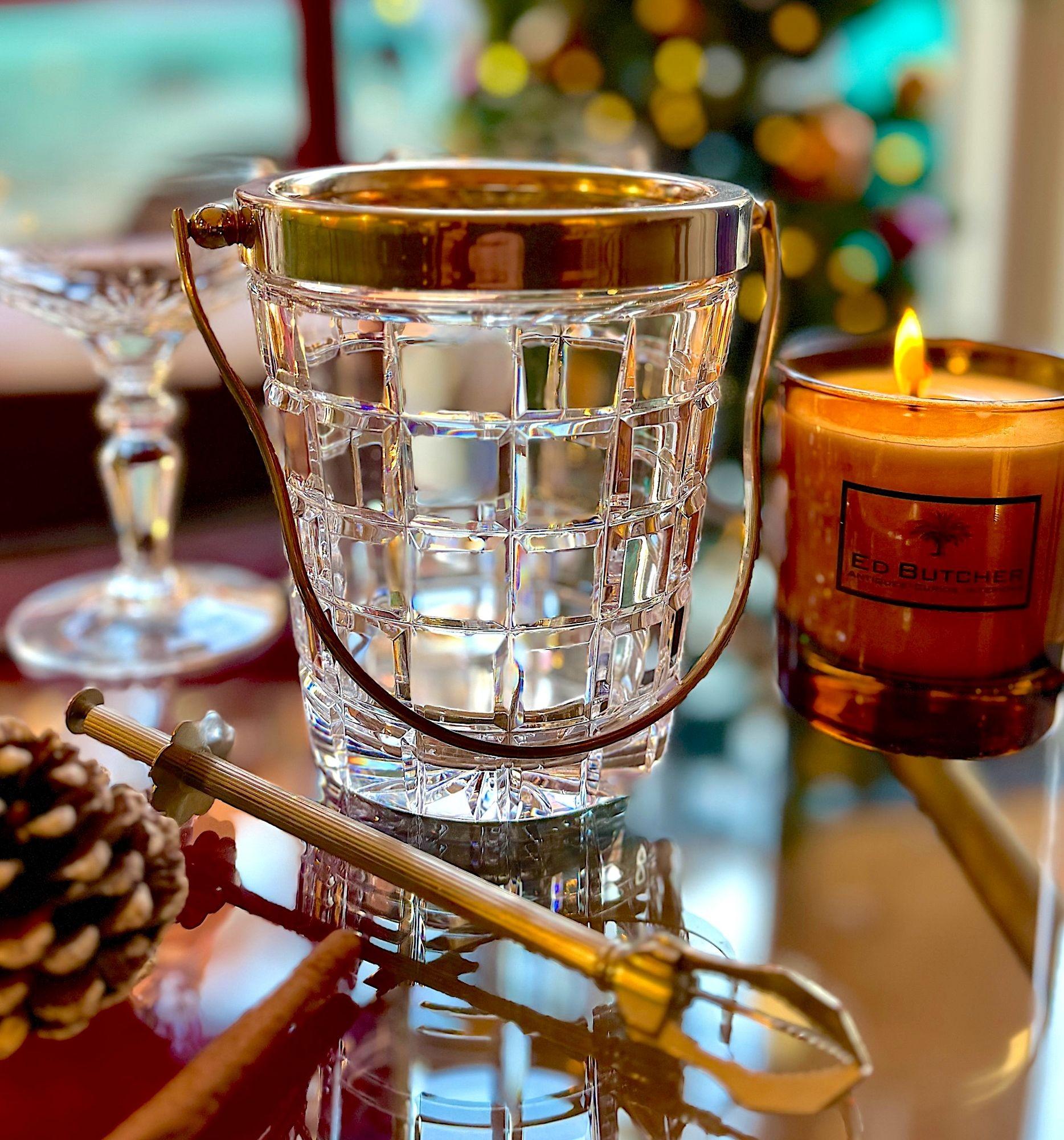 A 1960s Val Saint lambert crystal and silver plated ice bucket with handle ice grabbers and internal ice drip tray. There is a matching Champagne bucket under separate listing, not include but see last two photos.