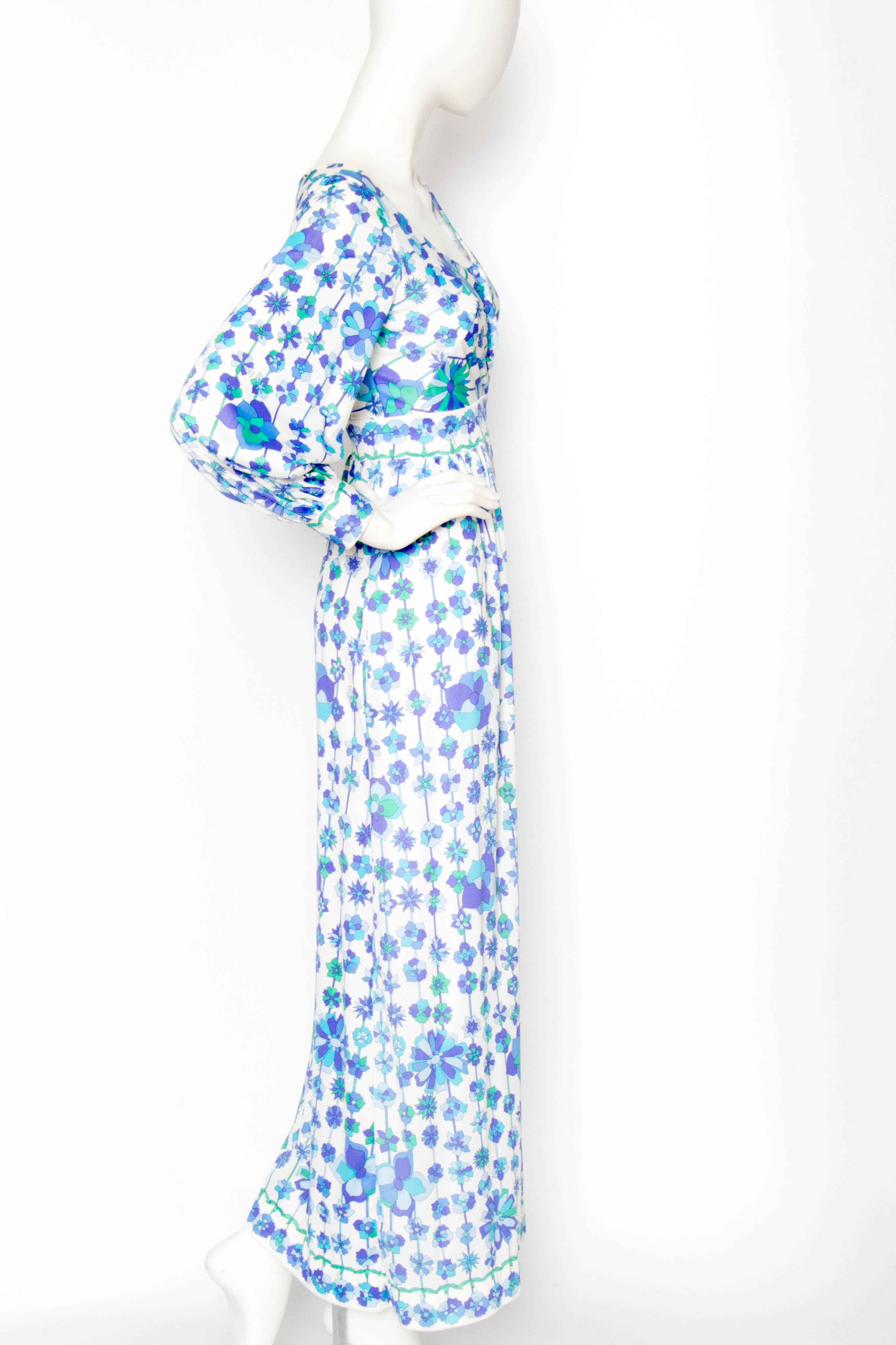 Blue A 1960s Vintage Emilio Pucci White Floral Maxi Dress S