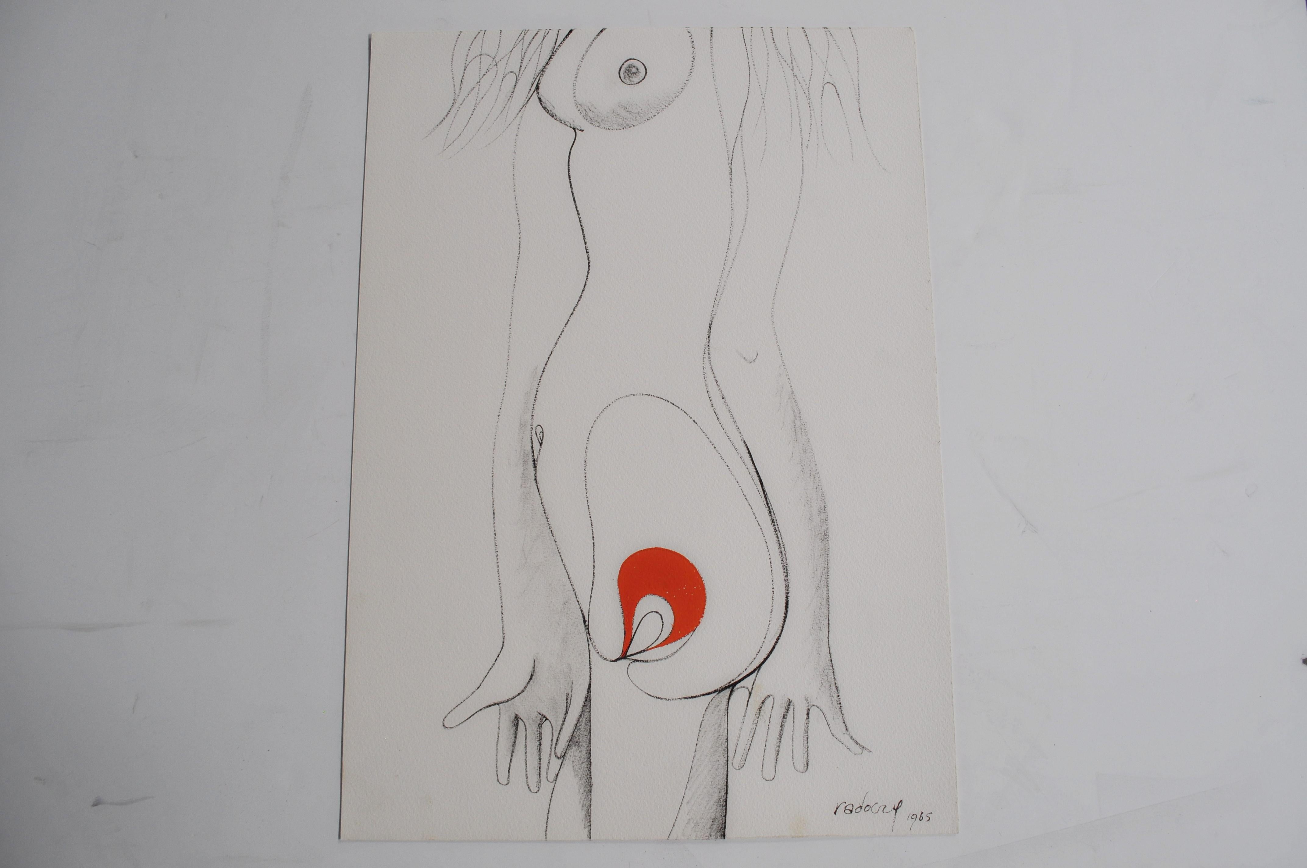 A nude drawing and gouache highlighting the pregnancy mystery. Signed Radoczy, 1965.

Albert Radoczy was a painter from the NY Tristate area, most notably in the 1960s and 1970s. Radoczy was a master at exploring the female form. Throughout his