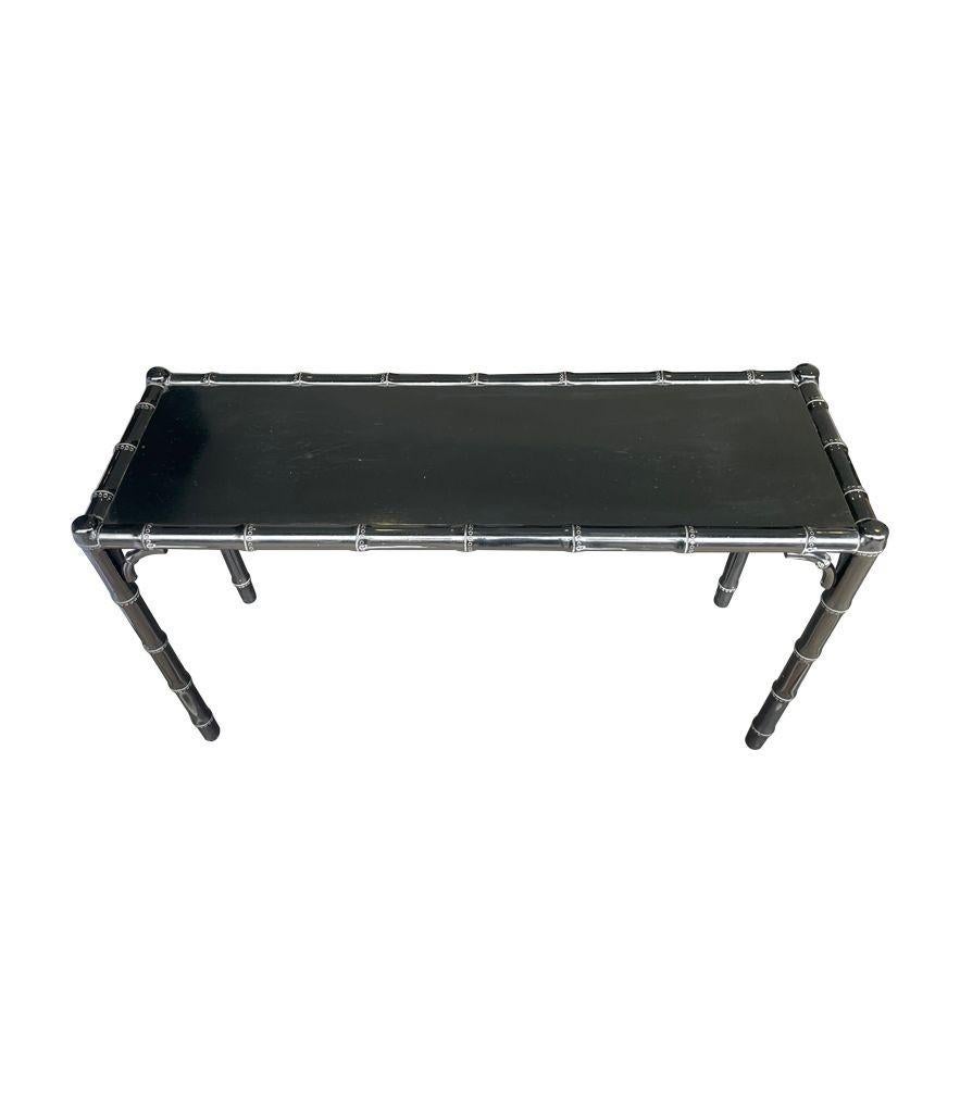 Italian 1970s Chinoiserie Black Lacquered Faux Bamboo Wooden Console Table For Sale
