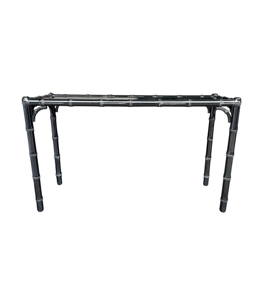 1970s Chinoiserie Black Lacquered Faux Bamboo Wooden Console Table In Fair Condition For Sale In London, GB