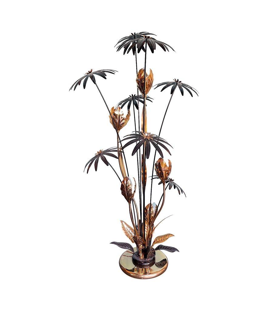 A 1970s French brass and black enamel flower floor lamp with five lights 6
