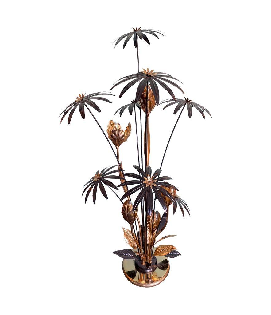 A 1970s French brass and black enamel flower floor lamp with five lights 7