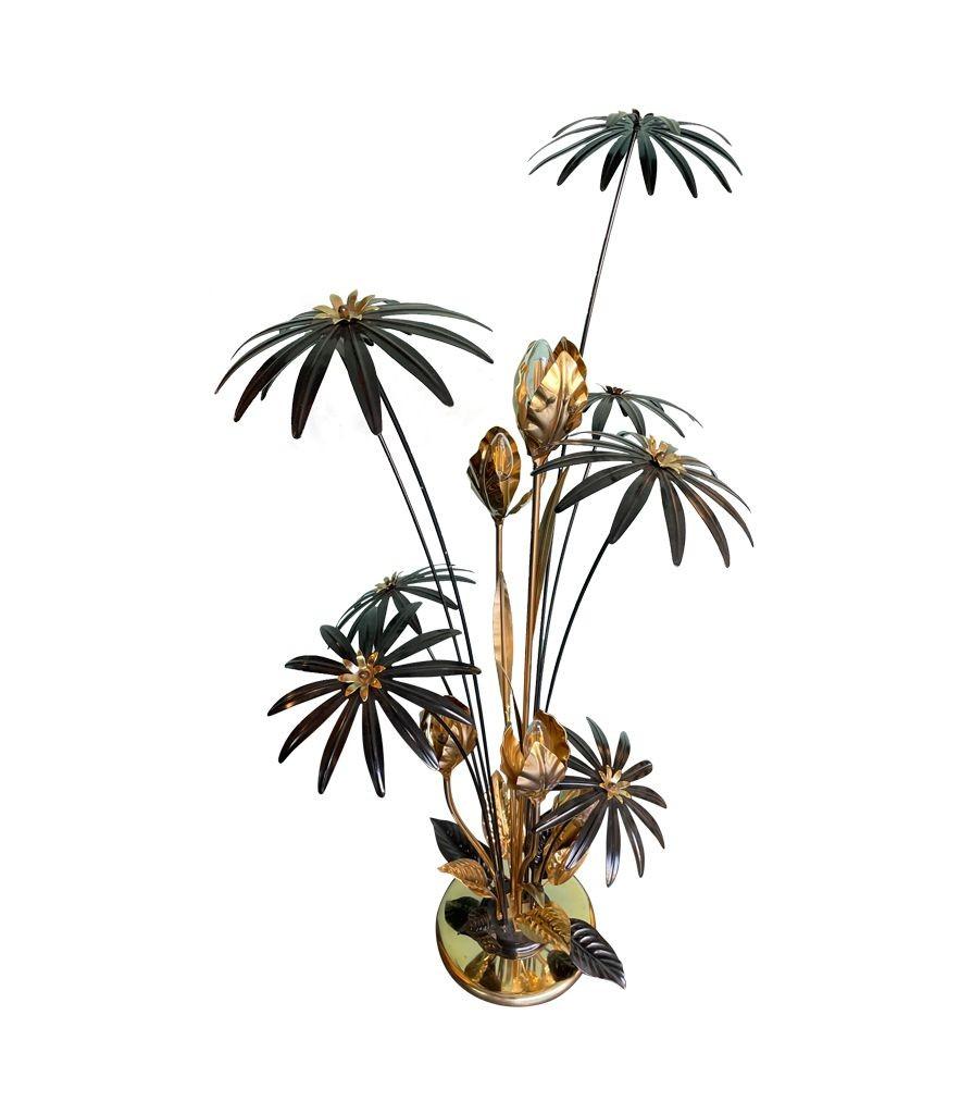 A 1970s French brass and black enamel flower floor lamp with five lights 1