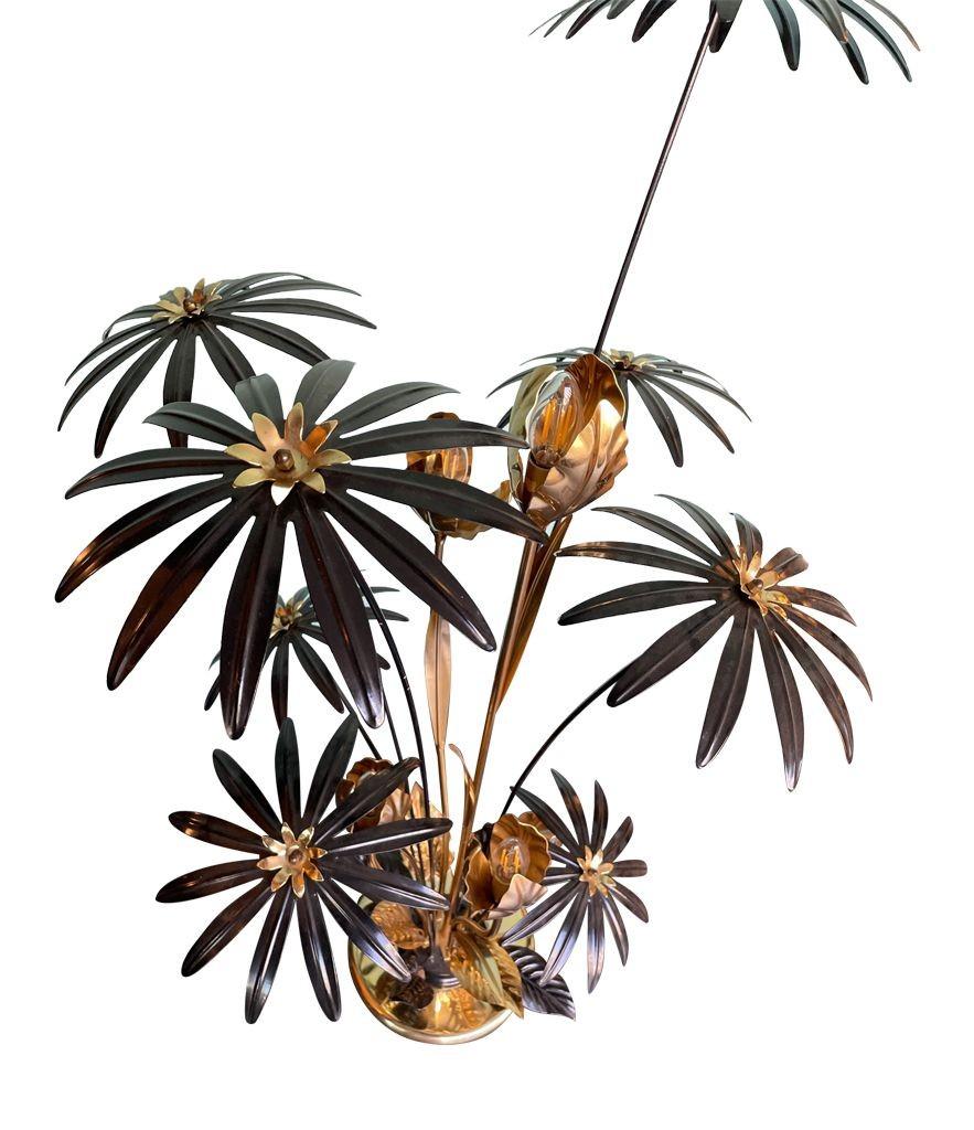 A 1970s French brass and black enamel flower floor lamp with five lights 3