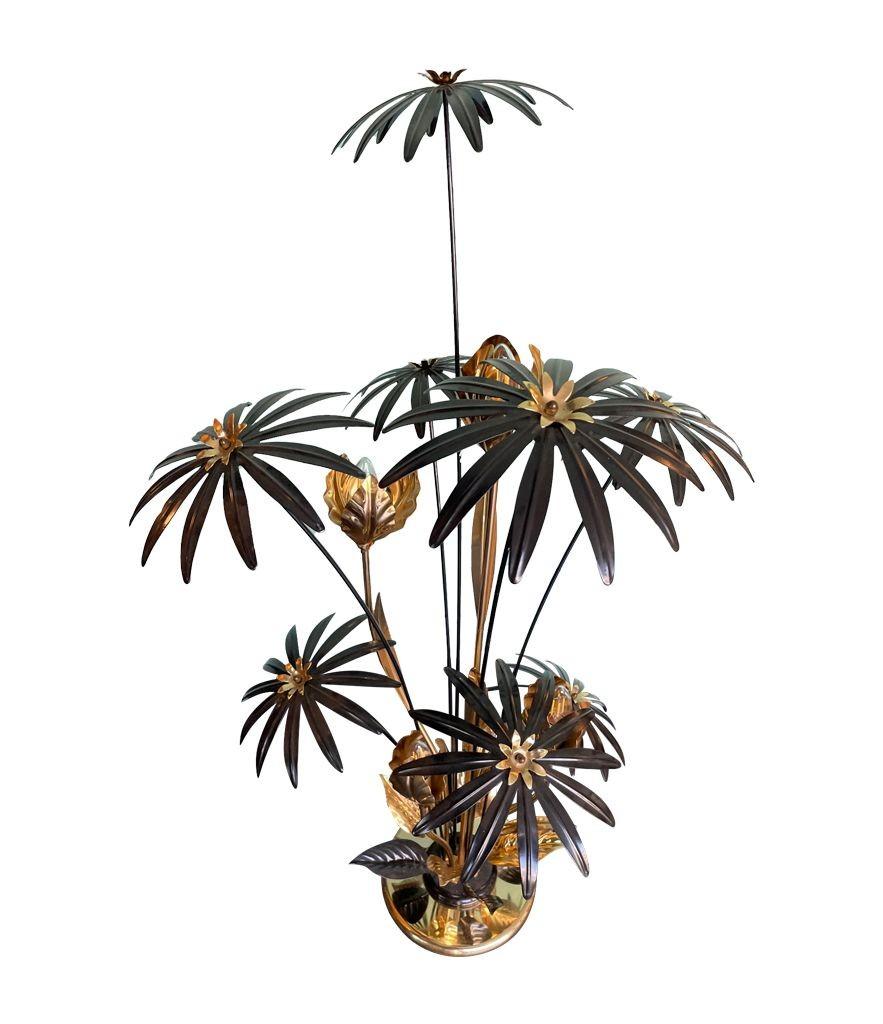 A 1970s French brass and black enamel flower floor lamp with five lights 4