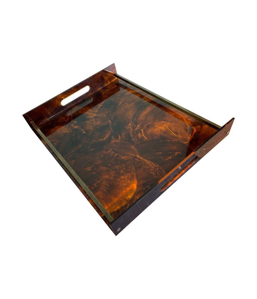 A 1970s French faux tortoiseshell and brass tray by Maison Mercier in the style of Gabriella Crespi for Christian Dior.