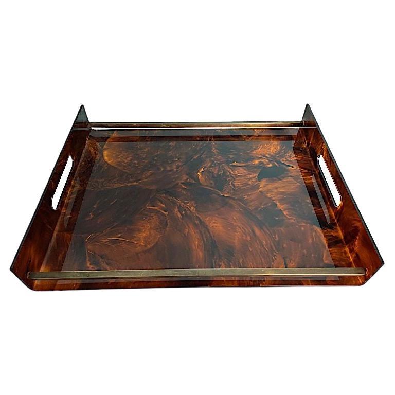 1970s French Faux Tortoiseshell and Brass Tray by Maison Mercier