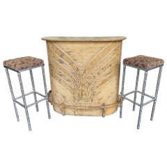 1970s French Riviera Bamboo Bar with Decorative Floral Design Front