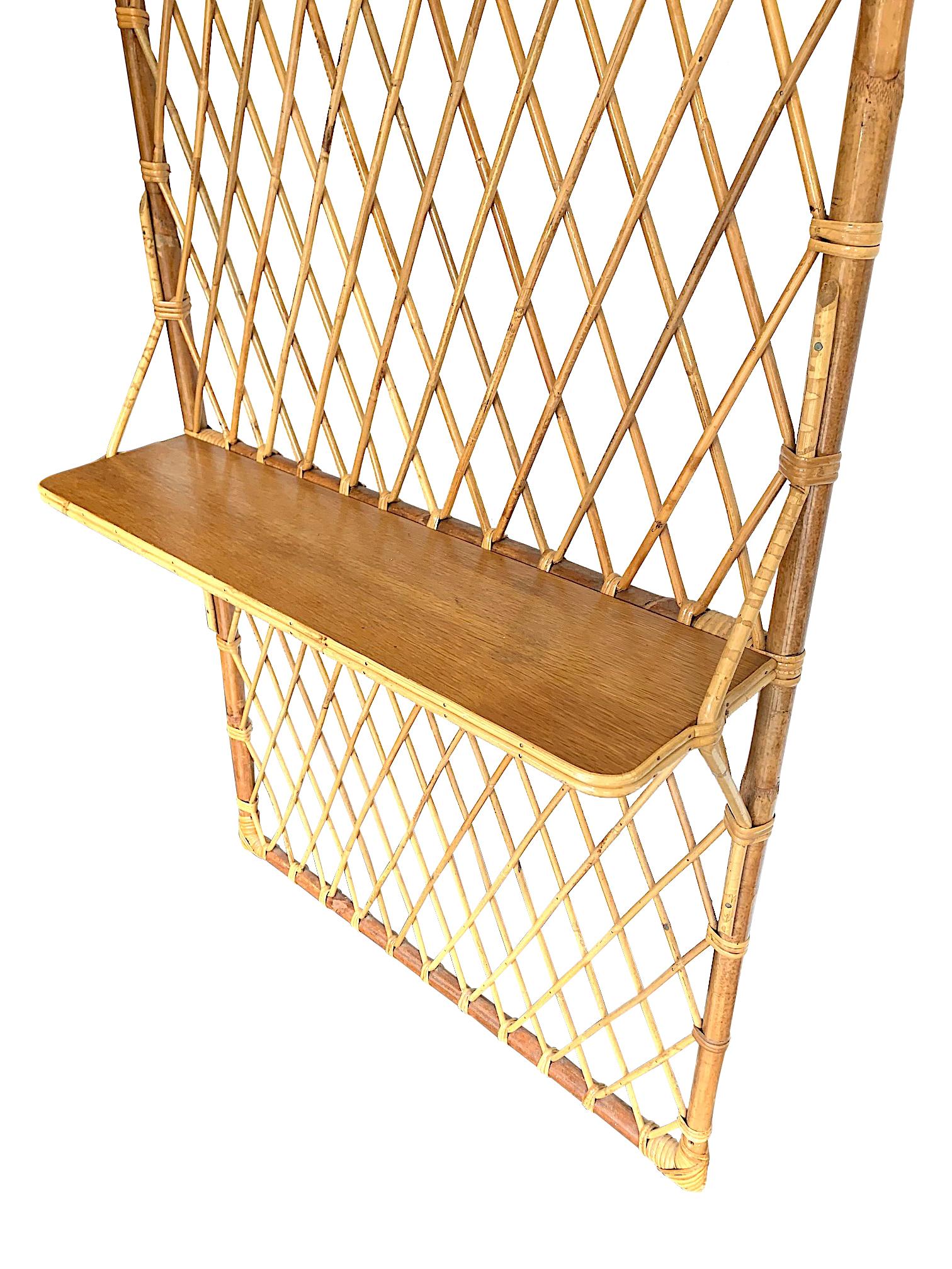 1970s French Riviera Rattan and Bamboo Coat Rack with Wooden Shelf For Sale 5